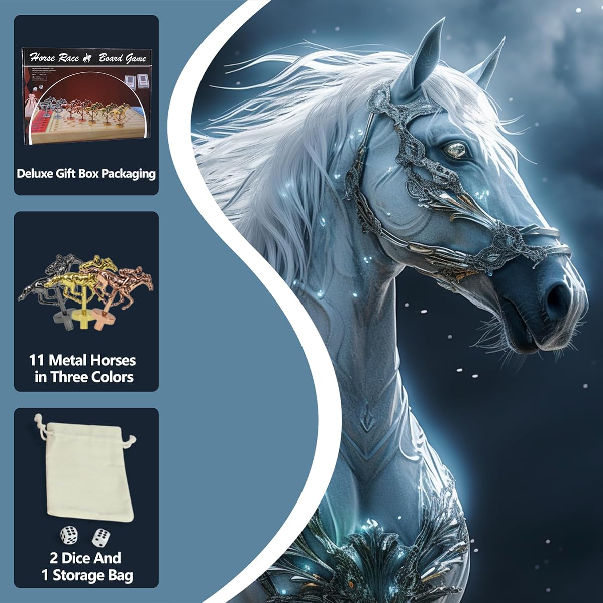 Jyquorp 21" Horse Racing Board Game, Race Game, Solid Wood, Luxury and Durable Classic Metal Horse Finish Line Horse Racing Game, Includes 4 Dice and 2 Boxes of Cards (Shallow Walnut)…