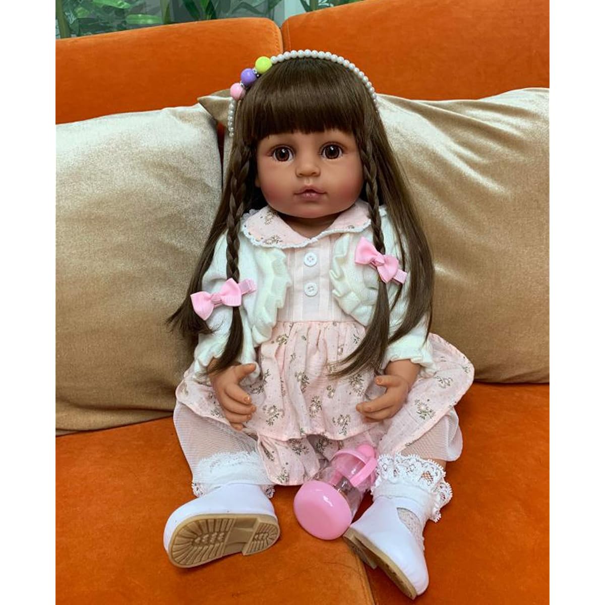 RXDOLL Reborn Baby Doll Vinyl Full Body Tan Skin African American 22inch Realistic Black Biracial Girl Reborn Toddler Doll Long Hair with Beautiful Dress Accessories for Christmas Gift