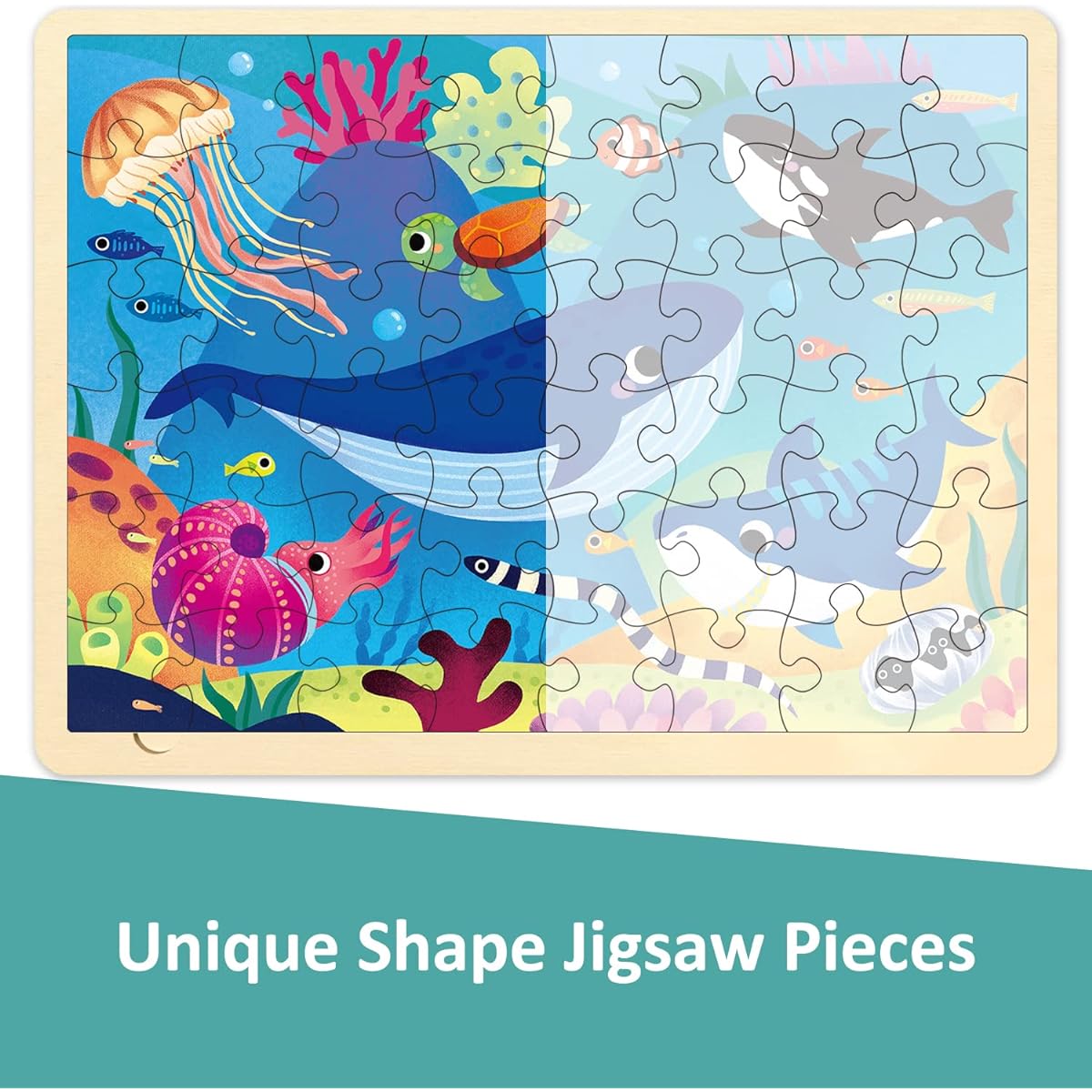 MoinKidz 48 Piece Puzzle for Kids Ages 3-5 with Unique Puzzle Pieces Wooden Jigsaw Puzzle for Ages 3 4 5 6 7 8 Ocean Animals Toddler Puzzle for Ages 4-8 with Storage Tray