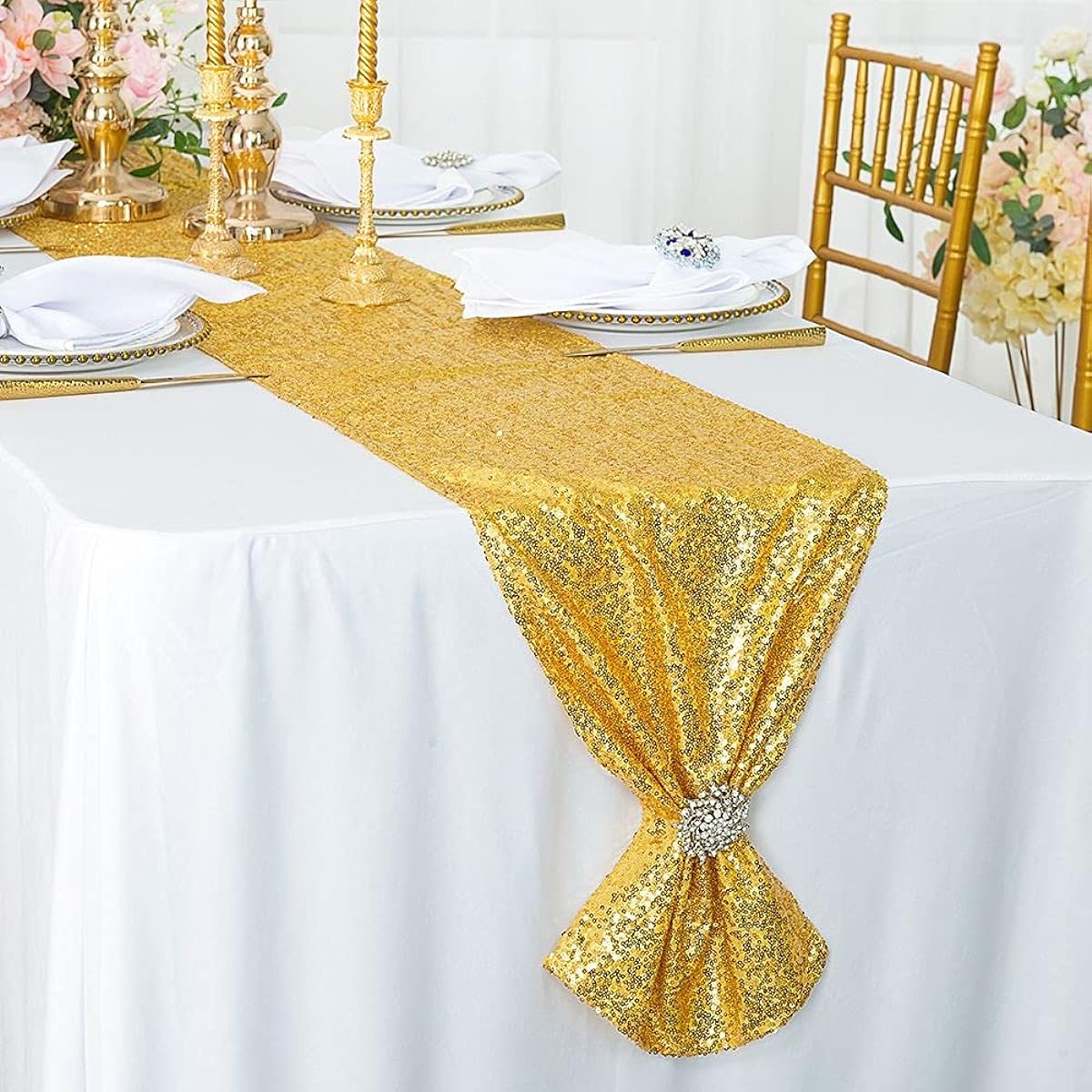 JYFLZQ Gold Sequin Table Runner 12"x72", 2 Pack Sparkly Sequin Fabric Table Linens - Sparkly Runner for Wedding and Birthday Party Decorations