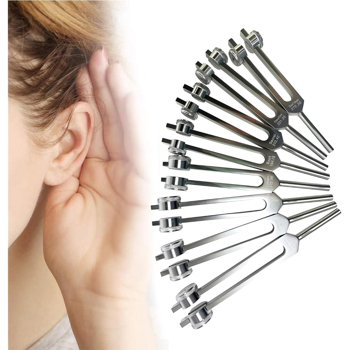 Chakra Tuning Fork Set for Healing, 8 Pieces Silver Chakra Tuning Forks for Meditation with Silicone Hammer