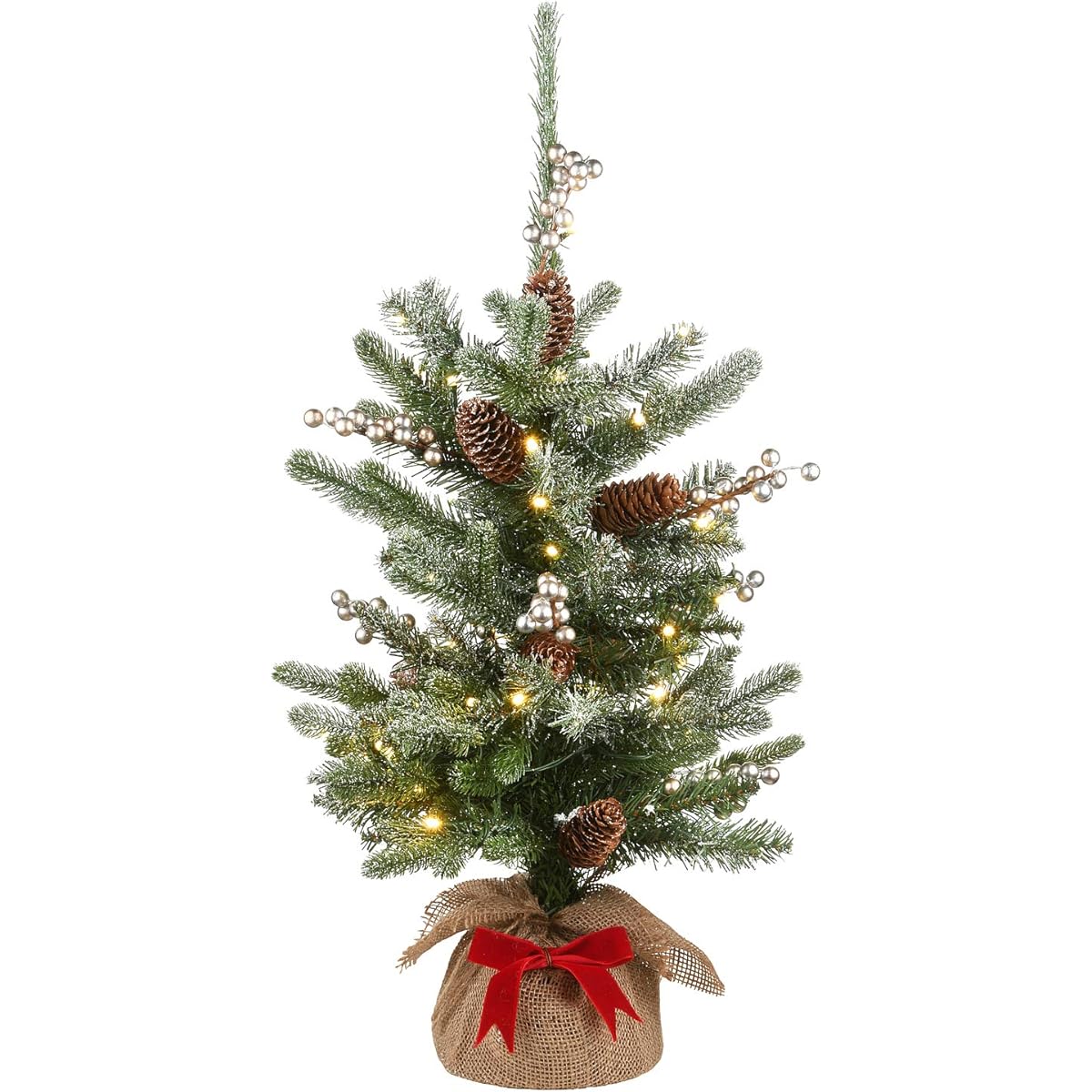National Tree Company 2' Green Artificial Christmas Tree, Snow Morgan Spruce, White LED Lights, Pine Cone Decorations, Cloth Bag Base, Battery Operated