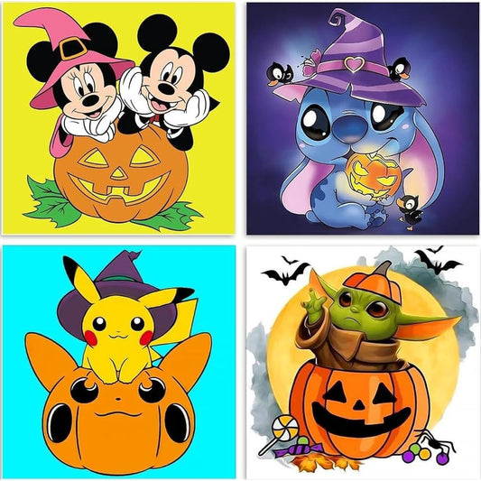 4 Pack Cartoon Paint by Numbers Unframed Halloween Paint by Numbers for Kids Ages 4-8-12 Easy Paint by Numbers DIY Acrylic Oil Painting Kits Great for Gifts and Home Decor (8X8 Inch)
