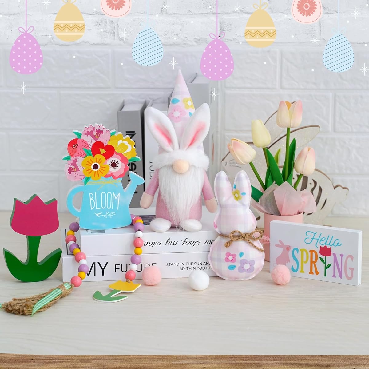 Spring Decor, Easter Bunny Gnome Tiered Tray Decor, Plush Bunny, Easter Gnome Stuffed Animals, Spring Wood Sign, Flower Bead Garland, Easter Farmhouse Kitchen Table Decor, 6 Pieces