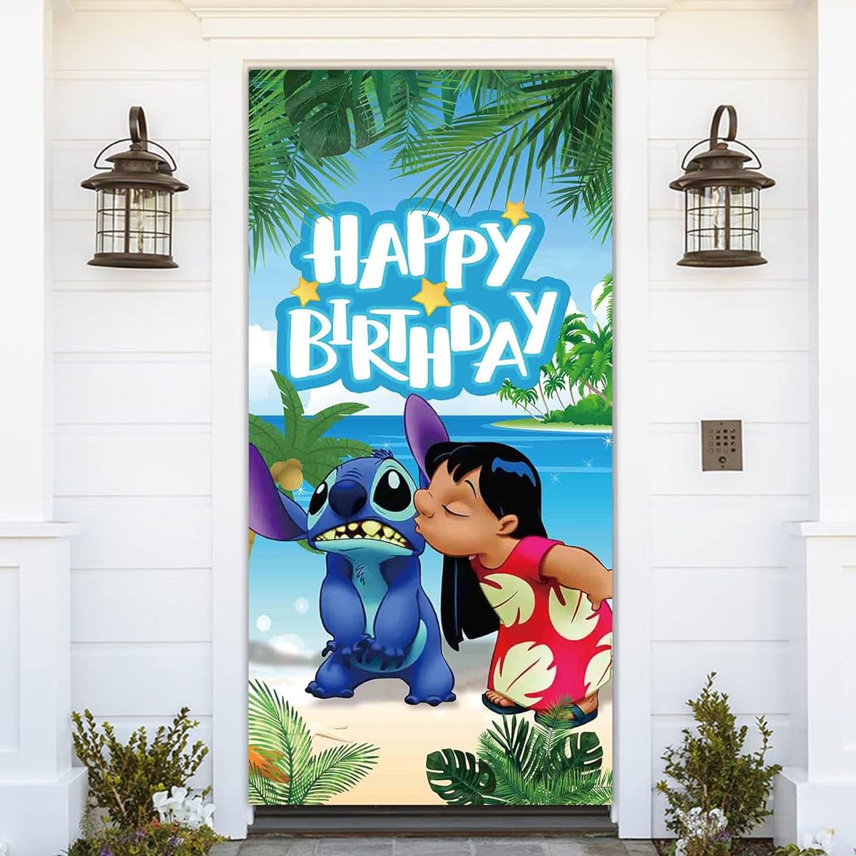 Cartoon Theme Door Banner 72x35.4 Inch Luau Summer Beach Sea Background for Kids Happy Birthday Dessert Table Top Summer Party Decoration Outdoor Door Banner Supplies