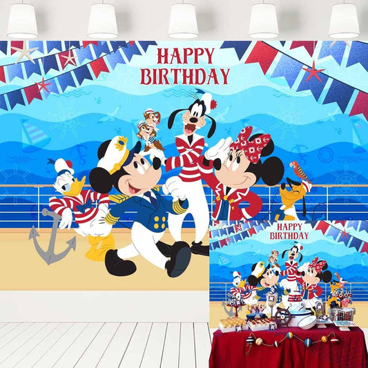 426 Mickey Minnie Nautical Backdrop Birthday Party Captain Cruise Boarder Cartoon Nautical Theme Background for Boys Girls Party Decorations 7x5ft