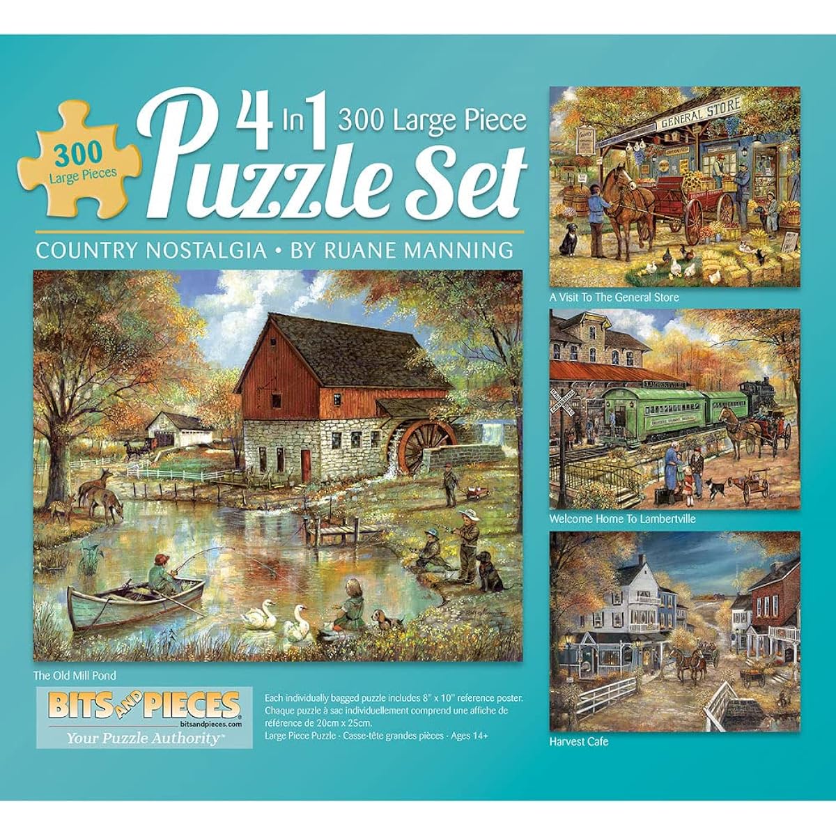 Bits and Pieces - Multi-Pack (4) 4-in-1 300 Piece Jigsaw Puzzle for Adults - Puzzle Dimensions 16" x 20" - 300 Piece Country Pond Harvest Cafe House General Store Jigsaw Puzzle by Artist Ruane Manning