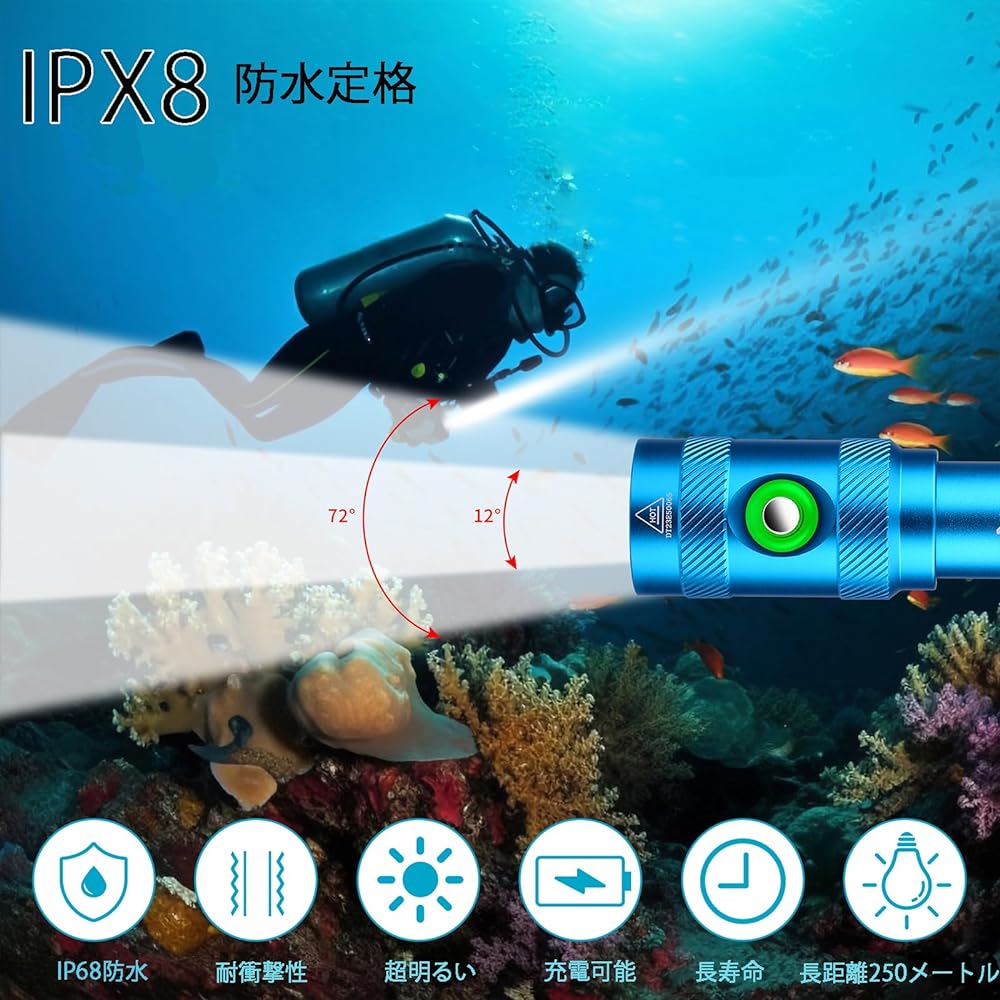 Diving light, 3 lighting modes, underwater light, high brightness, 5000 lumens, can be used underwater up to 250m, submersible pump, small LED underwater light, power indicator, for outdoor use, for fishing/climbing/camping/disaster prevention/power outa
