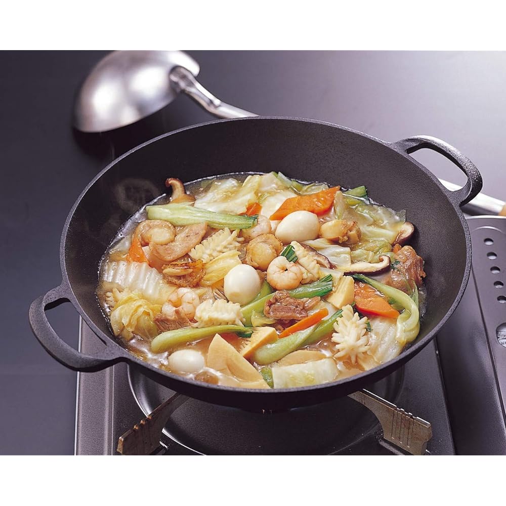Iwachu Flat All-Purpose Pot (Small), Black Baked, Inner Diameter 25cm, IH Compatible, Nanbu Ironware 21066