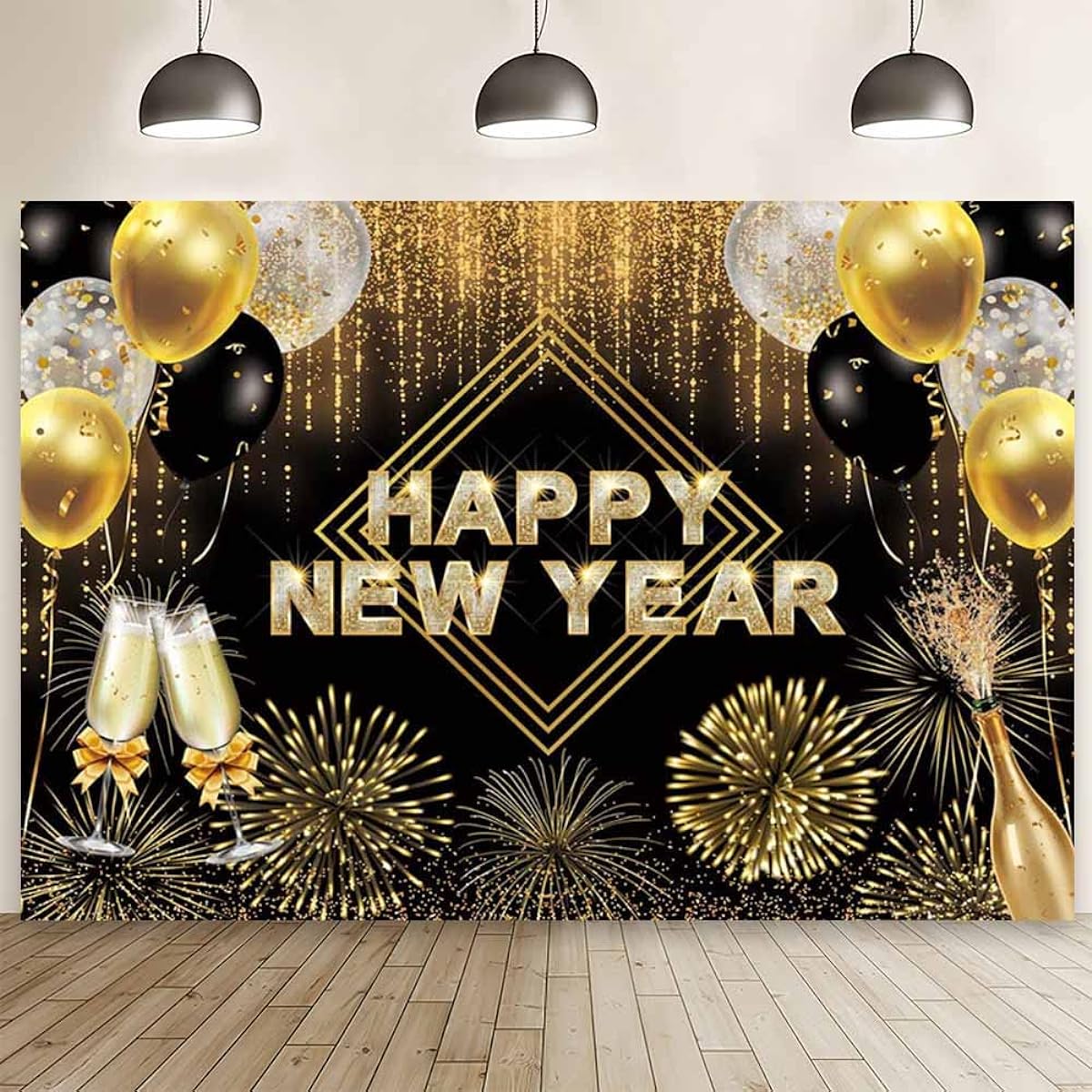 AIBIIN 7x5ft Happy New Year Backdrop Hello 2024 Black Gold Photography Background Cheers to New Year's Eve Party Decoration Gold Dots Fireworks Champagne Balloons Party Cake Smash Photo Studio Props