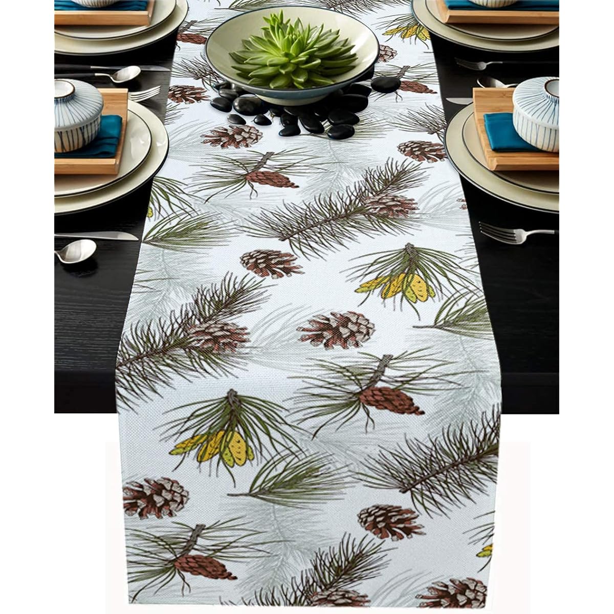 Cartoon Pine Cone Leaves Table Runner Cotton Linen 13" x 36" Long Dresser Scarf Christmas White for Kitchen/Coffee/Dining/End Table/Bedroom/Home Living Room/Scarf Decor