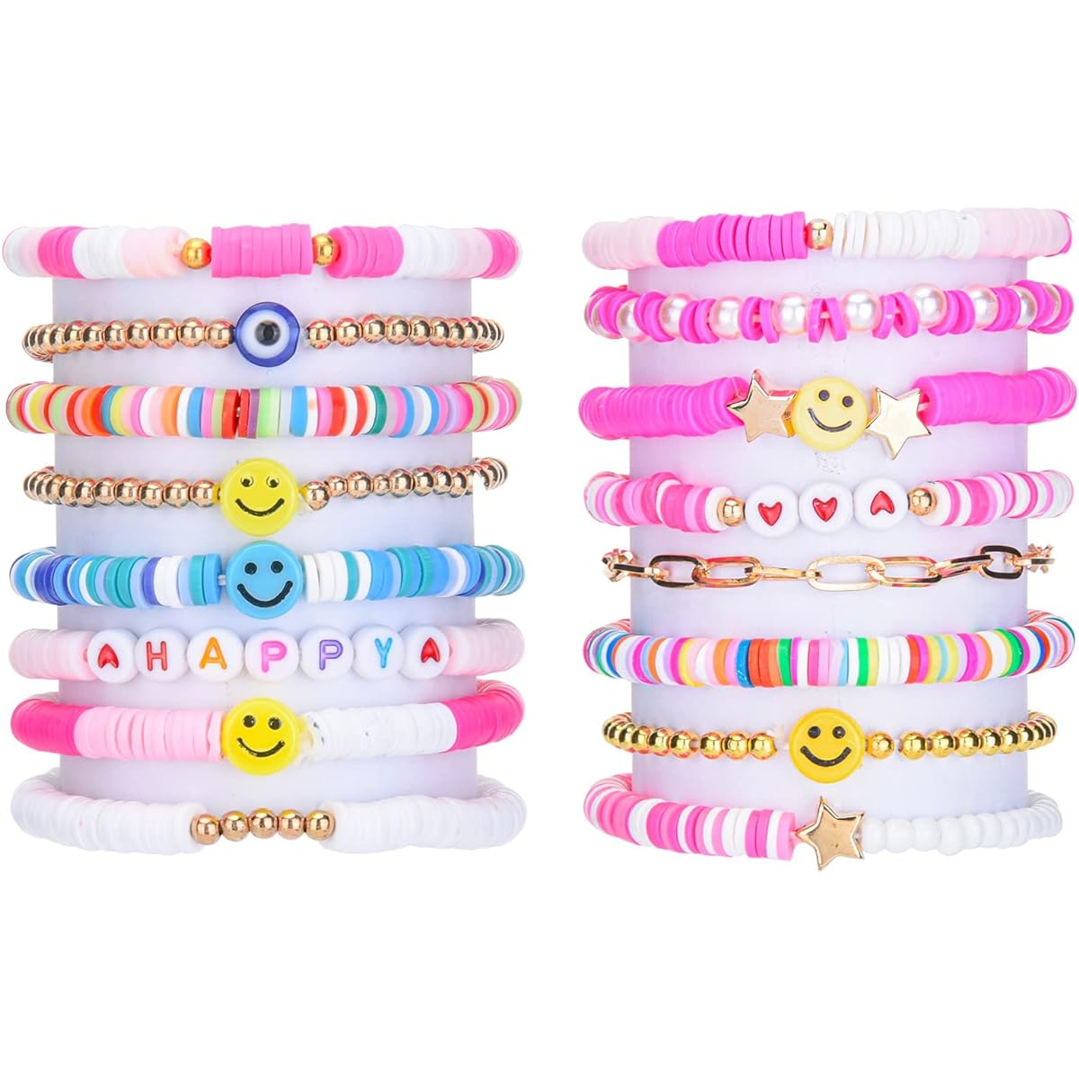 FRIUSATE Preppy Heishi Bracelet 16 Pieces Heishi Surfer Bracelet Colorful White Gold Smile Heart Star Evil Eye Beads Stretch Bracelet Boho Disc Bracelet Beach Bohemian Layering Bracelet