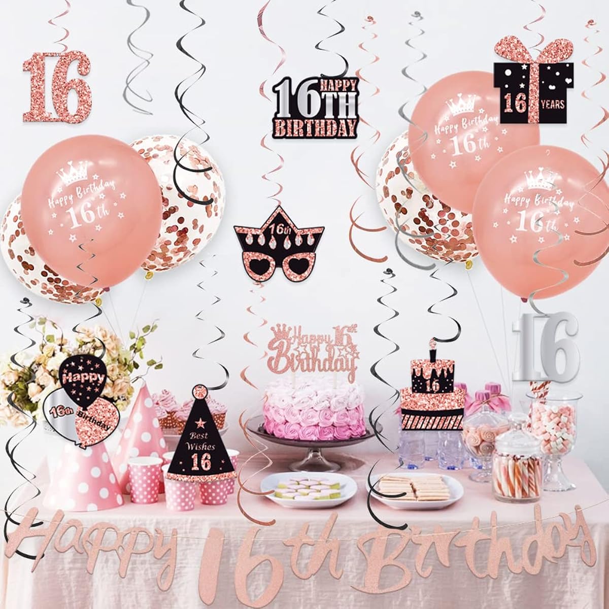 WOJOGO 16th Birthday Decorations for Girls Boys Sweet Rose Gold 16th Birthday Decorations Kit Pre-Strung Happy 16th Birthday Banner Hanging Swirl Birthday Cake Topper Balloons for Party Supplies