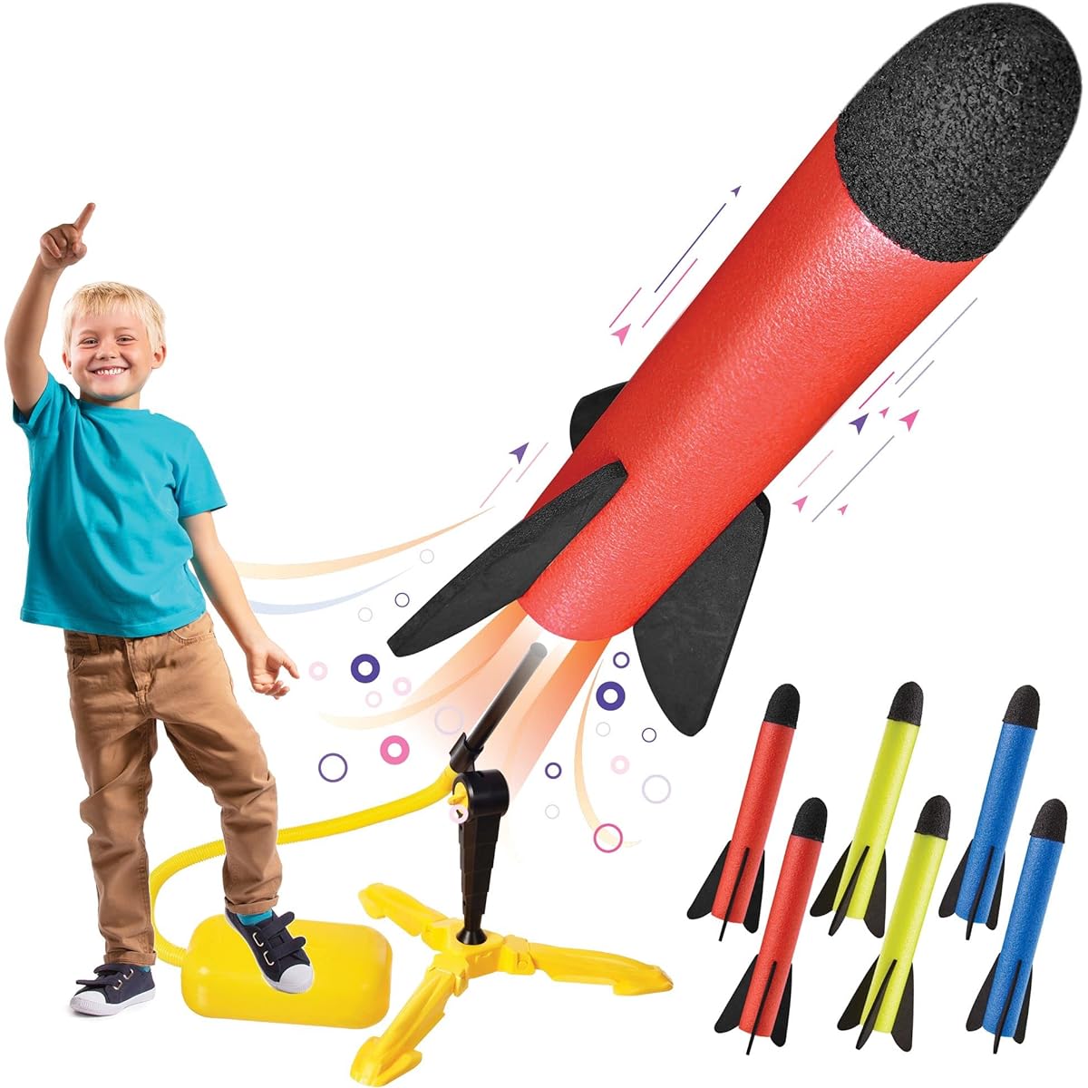 Kids Toy Rocket Launcher, 8 Colorful Foam Rockets Launch Up to 100 Feet & Sturdy Launcher Stand with Foot Launch Pad, Fun Outdoor Toys for Kids, Gift Toys for Boys and Girls Ages 3+