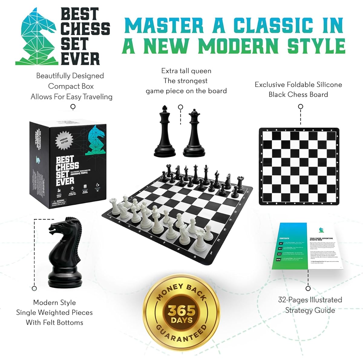 Best Chess Set Ever 1x Modern, Tournament Chess Set with 20” x 20” Foldable Silicone Board and Single Weighted Modern Style Pieces, Packs and Travels Easy, Modern Singleweight Edition.