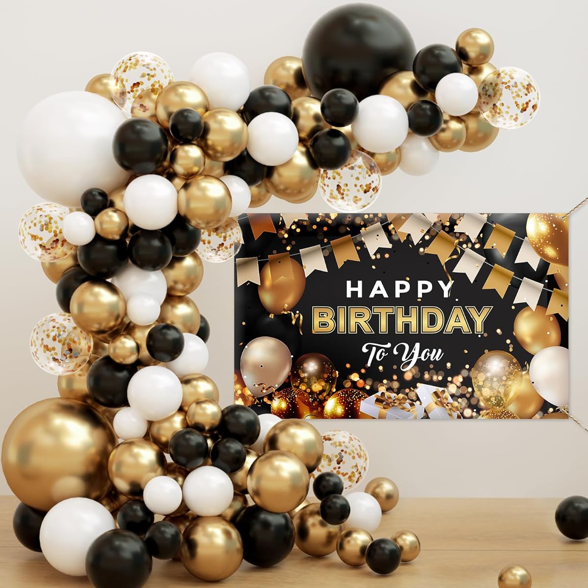 Birthday Party Decorations Black & Gold 95pcs White Metallic Chrome Gold Confetti Balloons 180cm x 110cm Background Banner Package Boys Men Birthday Party Supplies