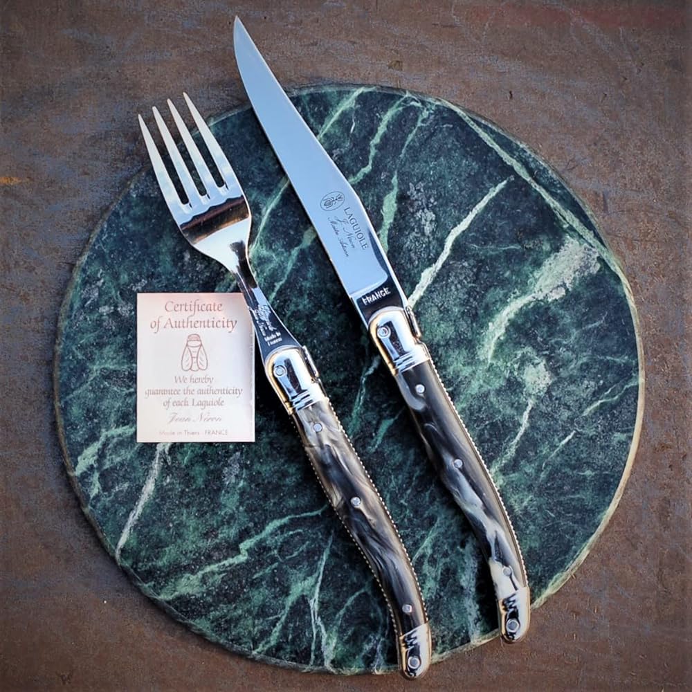 Raieur ABS handle 2.5mm dinner knife 2.0mm fork set in gift box Made in France NERON black marble style