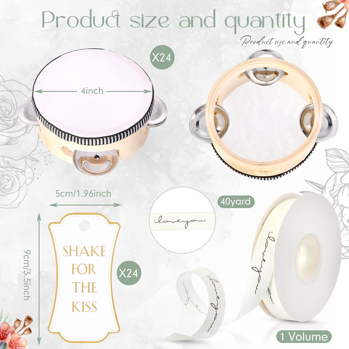 Lukmaa 24 Sets 4 Inch Tambourine Adult Wooden Handheld Drum with Metal Jingle Gift Tag White I Love You Print Ribbon Percussion Gift Musical Instrument Church Wedding Party Favors