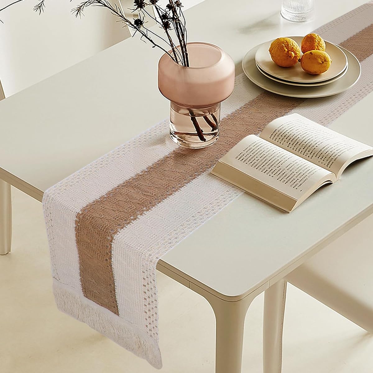 Table Runner Boho Tassel Table Runner Hand Woven Cotton and Linen Farmhouse Camino de Mesa for Bohemian Kitchen Dining Table (12x71 Inches) 2 Pieces