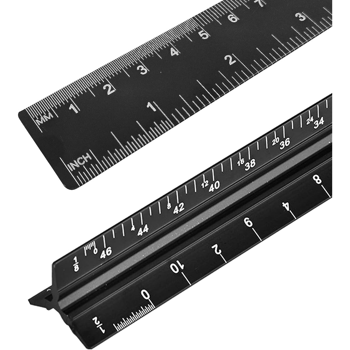 SourceTon 4 Pieces Triangle Architectural Scale Ruler and Straight Ruler, Engineering Drafting Ruler Set with Standard Metal Ruler, 6" and 12"