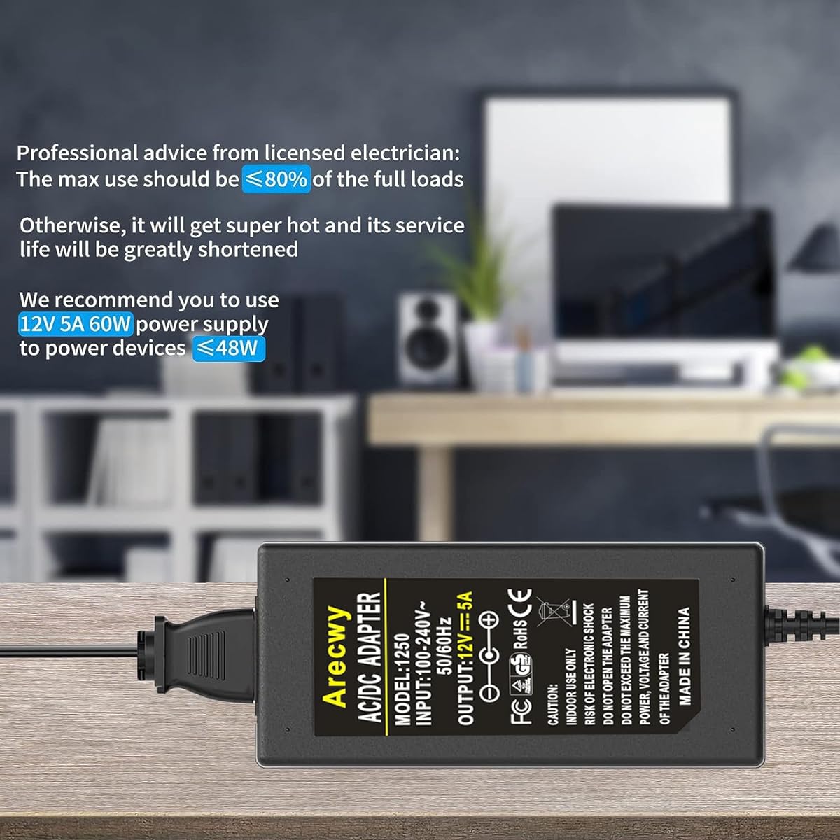 12V 5A Power Adapter AC 100-240V to DC 12V 5A 60W AC DC Power Adapter US Plug Switching PC Power Cord for LCD Monitor LED Strip Light