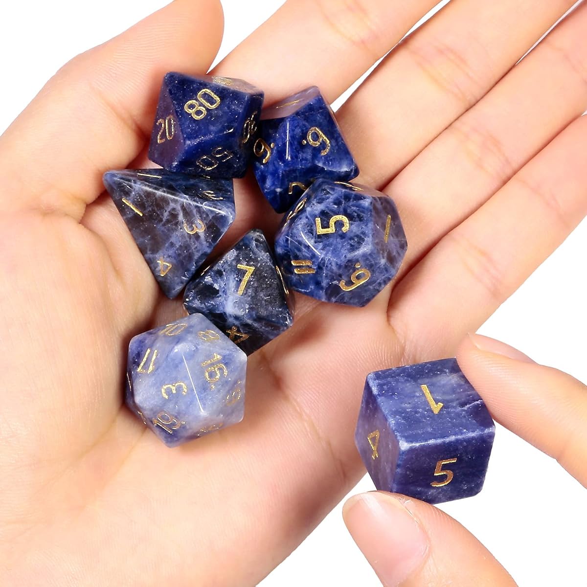 mookaitedecor 7pcs Sodalite Crystal Polyhedral DND Dice Set Polished Tumbled Stone Dice for RPG MTG Tabletop Games Home Decor