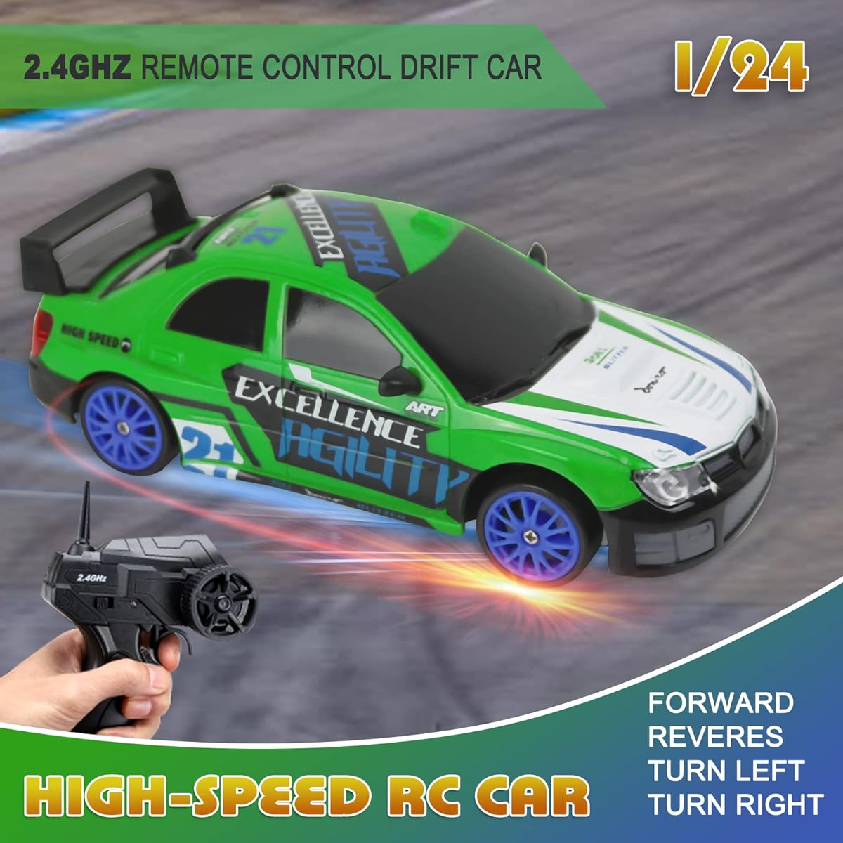 Remote Control Car RC Drift Car 2.4GHz 1:24 Scale 4WD 15KM/H High Speed Model Vehicle LED Light Drift Tire Racing Sports Toy Car for Adults Boys Girls Kids Gift 2pcs Rechargeable Battery