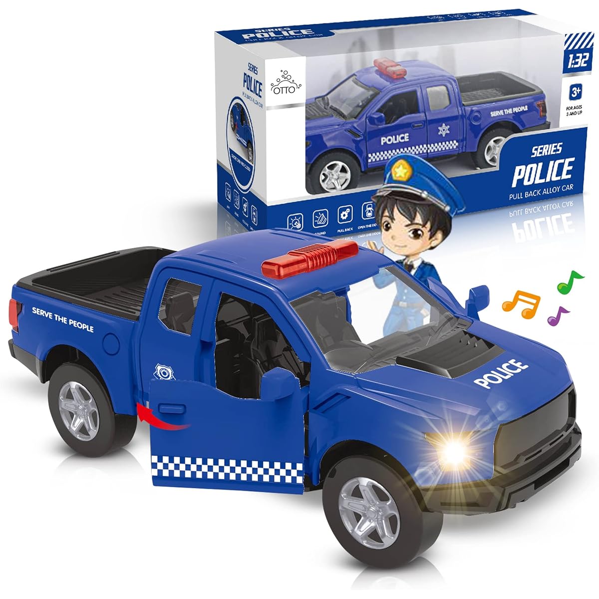 Otto Police Car Pull Back Metal Strong Car with Opening Doors Lights & Siren Interactive Kids Toy - For Boys & Girls Ages 3+