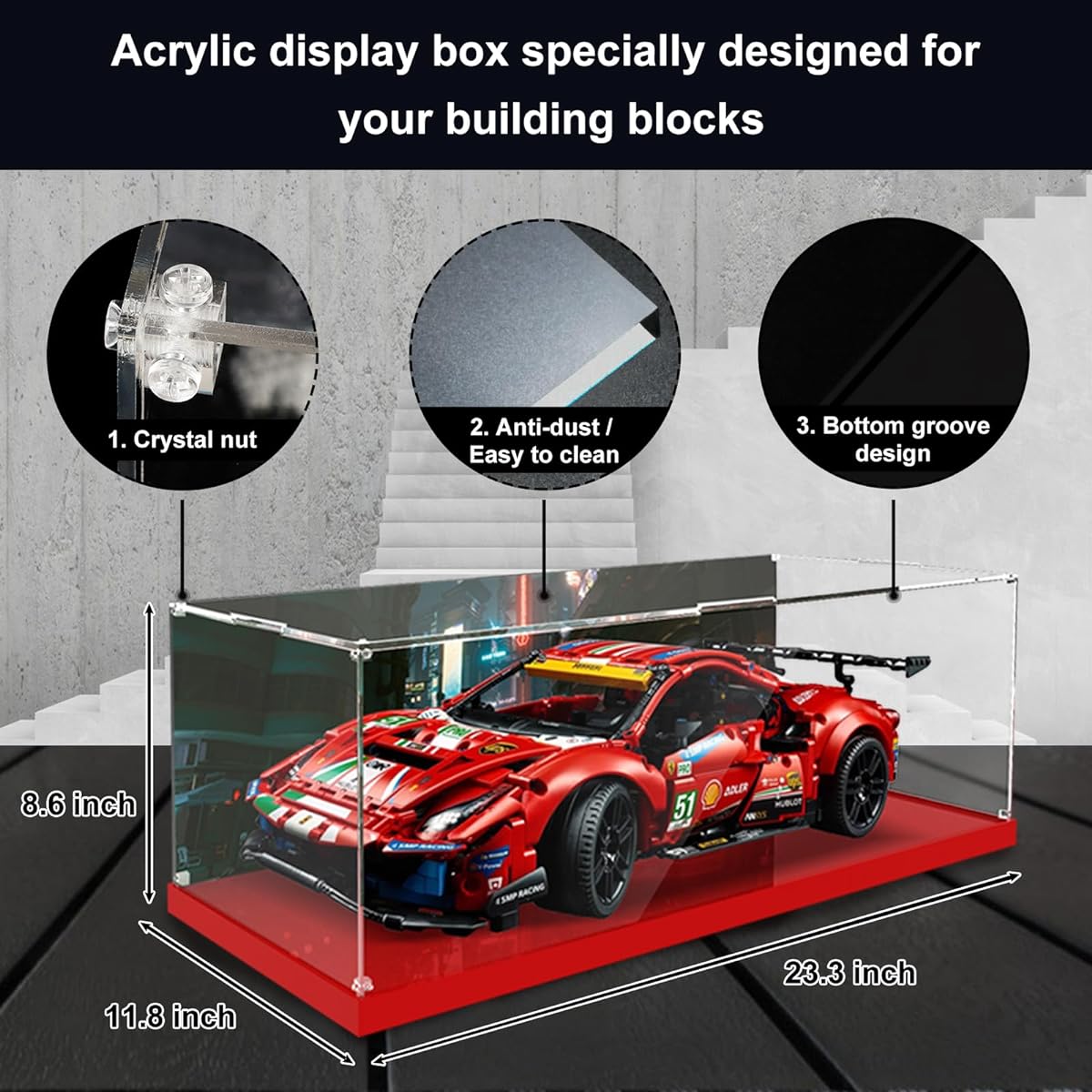 Vaodest Acrylic Display Case for Lego 42125 Ferrari 488 GTE Set, 3mm HD Dustproof Clear Display Box for Lego 42125 Model (Box Only, Not Lego Building Set)