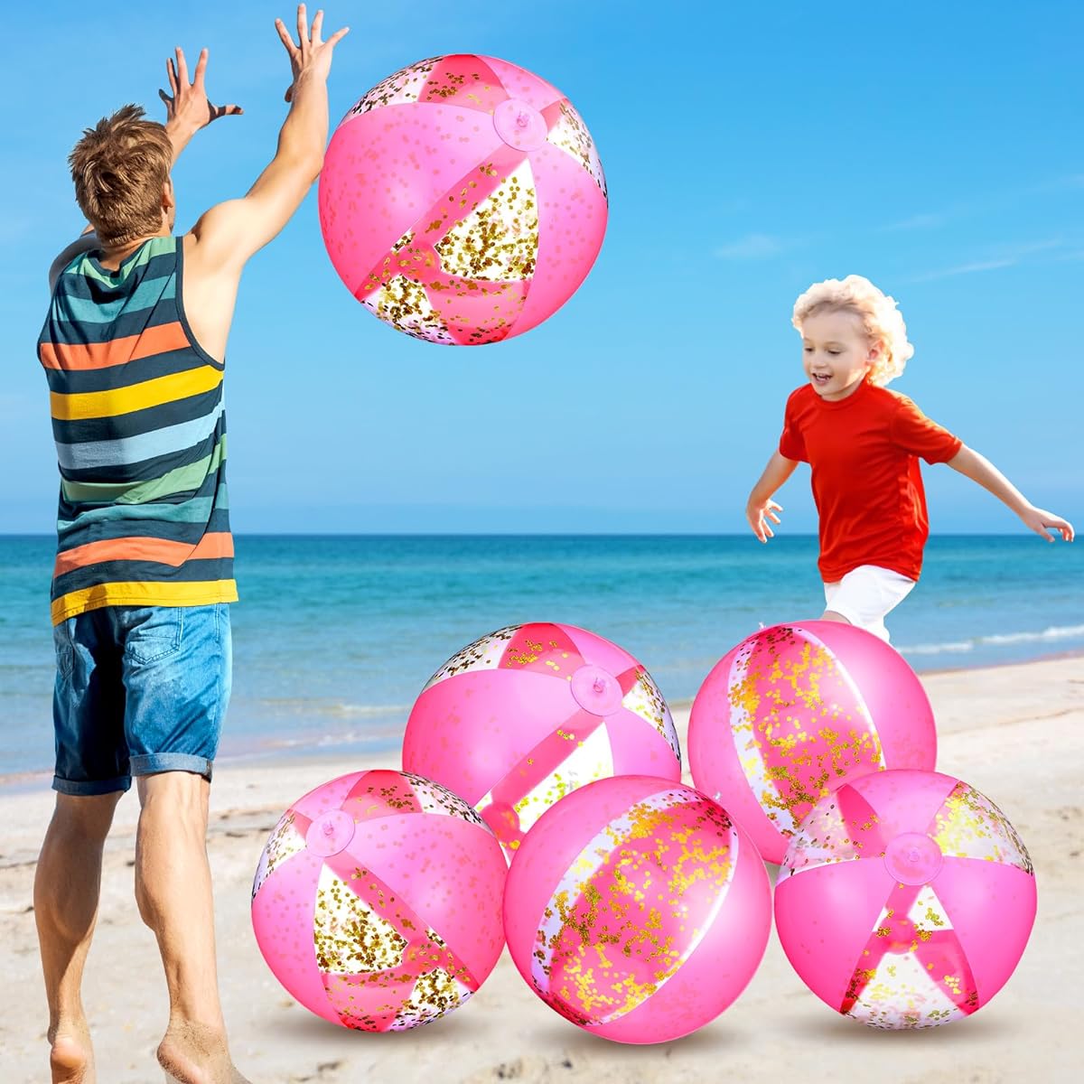 Skylety 6 Pieces 16 Inch Inflatable Glitter Beach Balls Swimming Pool Balls Confetti Beach Balls Sequin Balls Toys for Adults Boys Girls Summer Party Birthday Pool Party Favors