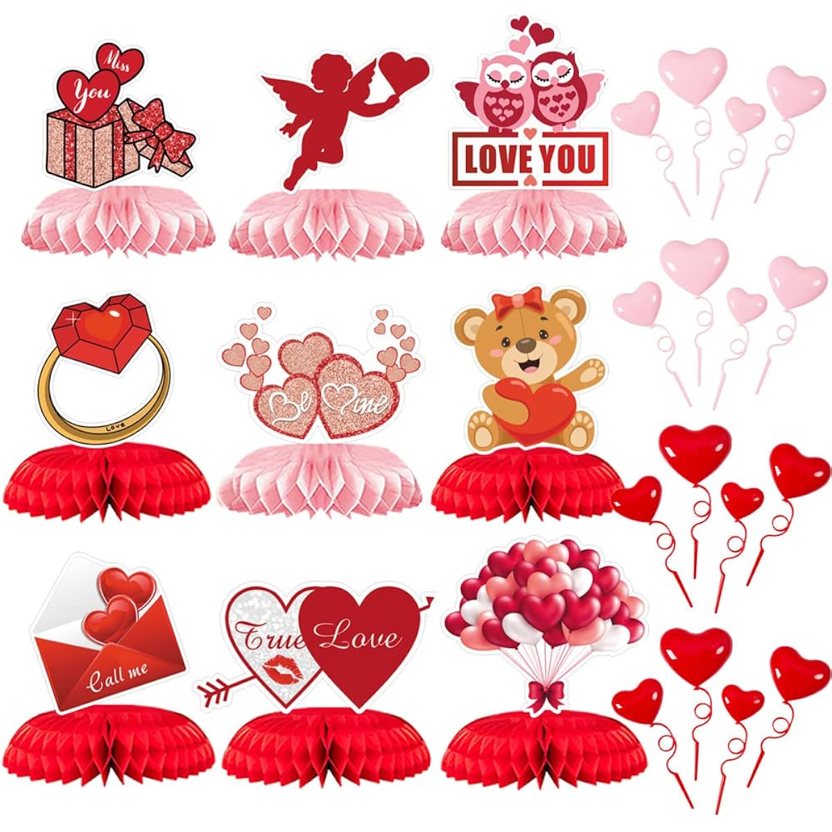 Valentine's Day Party Decorations Set, 9 Pieces Valentine Honeycomb Centerpieces Cupid Shape Pink Red Table Decor, 16 Pieces Plastic Heart Cake Toppers, Valentine/Wedding Party Supplies