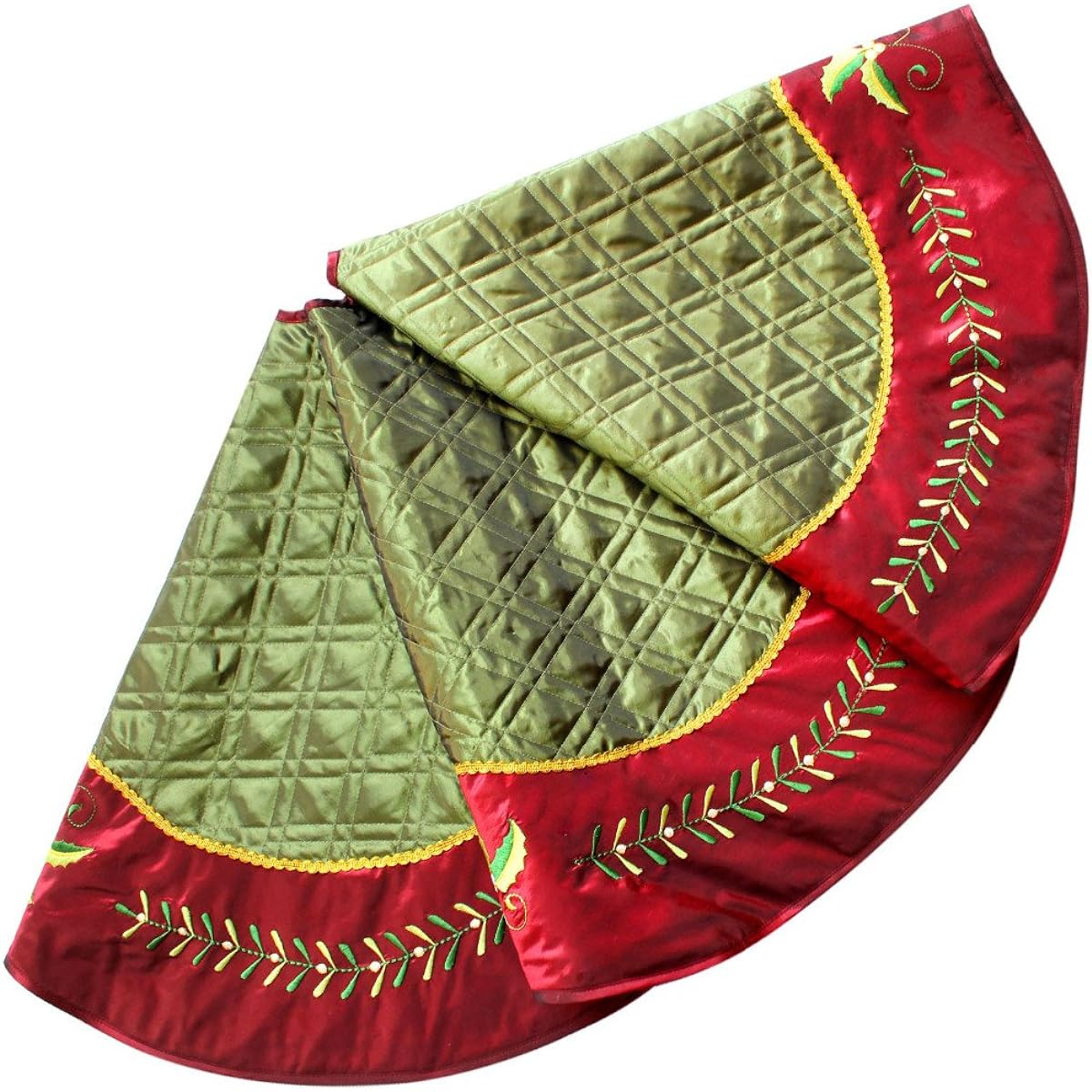 Sorrento Silk-Like Quilted Christmas Tree Skirt with Embroidered Holly Border, 50 Inch
