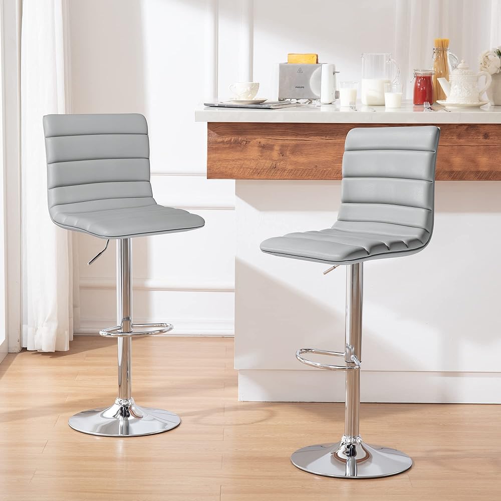 GOQRAQ Counter Chair Bar Chair Kitchen Chair 360 Degree Rotation Lifting Adjustable Height L Size Footrest Step with Backrest Synthetic Leather (Set of 2, Gray)