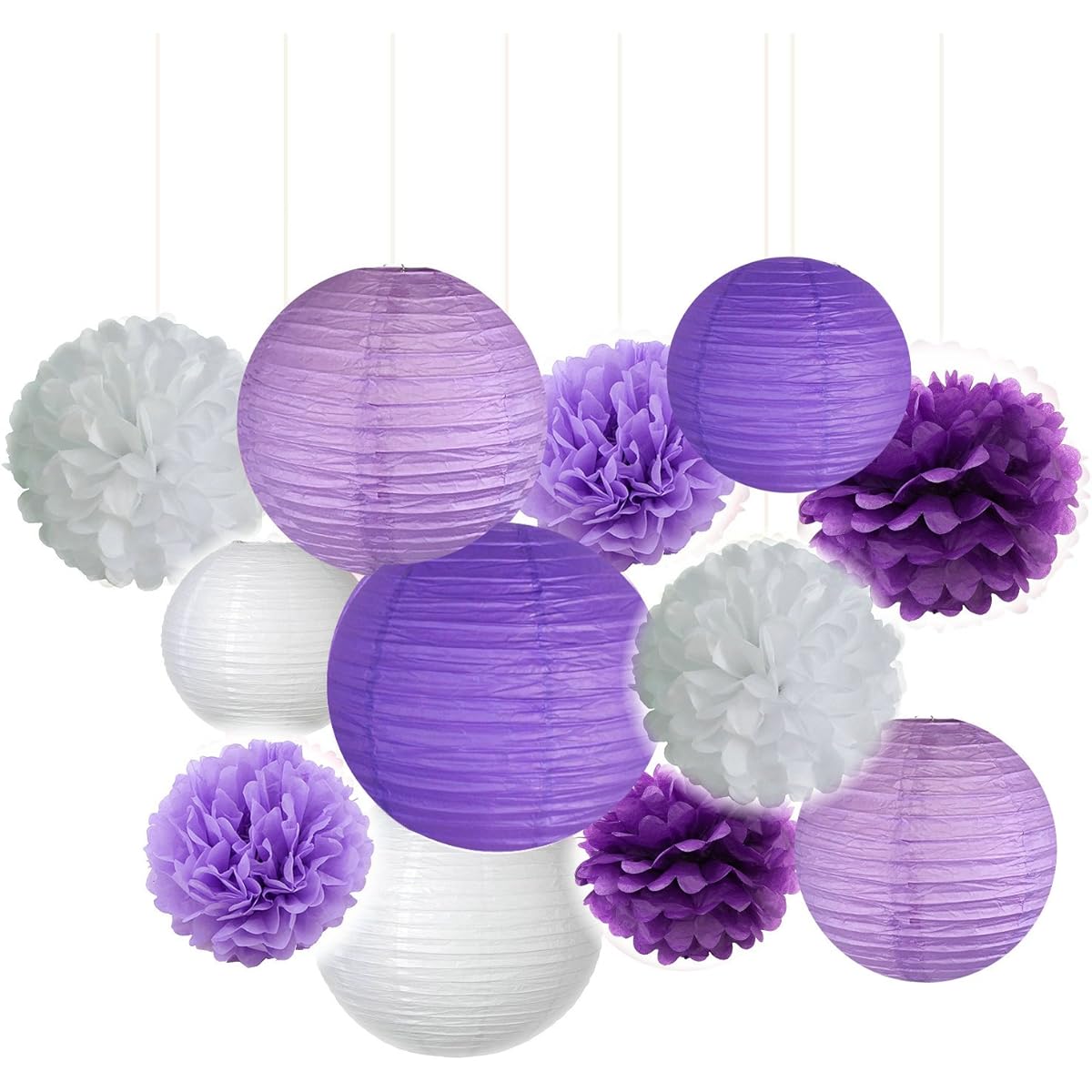 Fascola 12 Pack Lavender Dark Purple White Paper Craft Tissue Paper Honeycomb Balls Lanterns Paper Pom Poms for Birthday Wedding Party Decorations