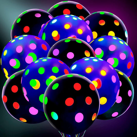50pcs Black Light Party Balloons, 12" Reactive Fluorescent Mini Polka Dot Balloons, Neon Glow Latex Balloons, Glow in the Dark Latex Balloons, Glow Party Supplies (Black, Clear)