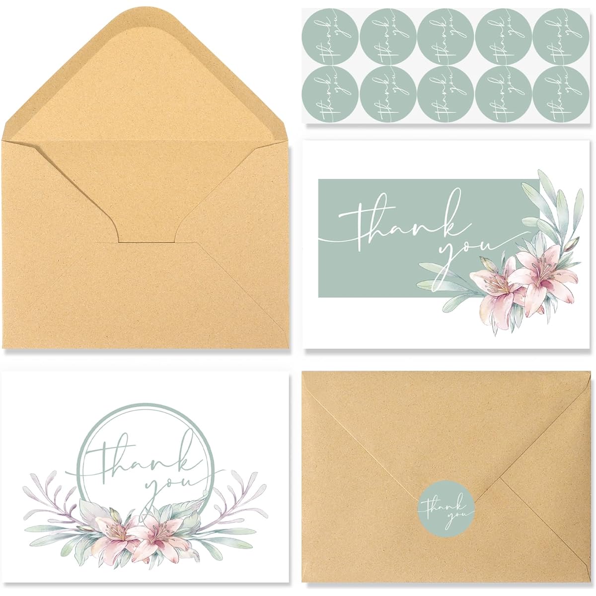 NESCCI 24 PCS Thank You Cards With Envelopes,4x6 Inch Minimalistic Design, Thank You Notes for Wedding,Bridal Shower, Business, Baby Shower, Small Business, Funeral, Graduation(Light Green)