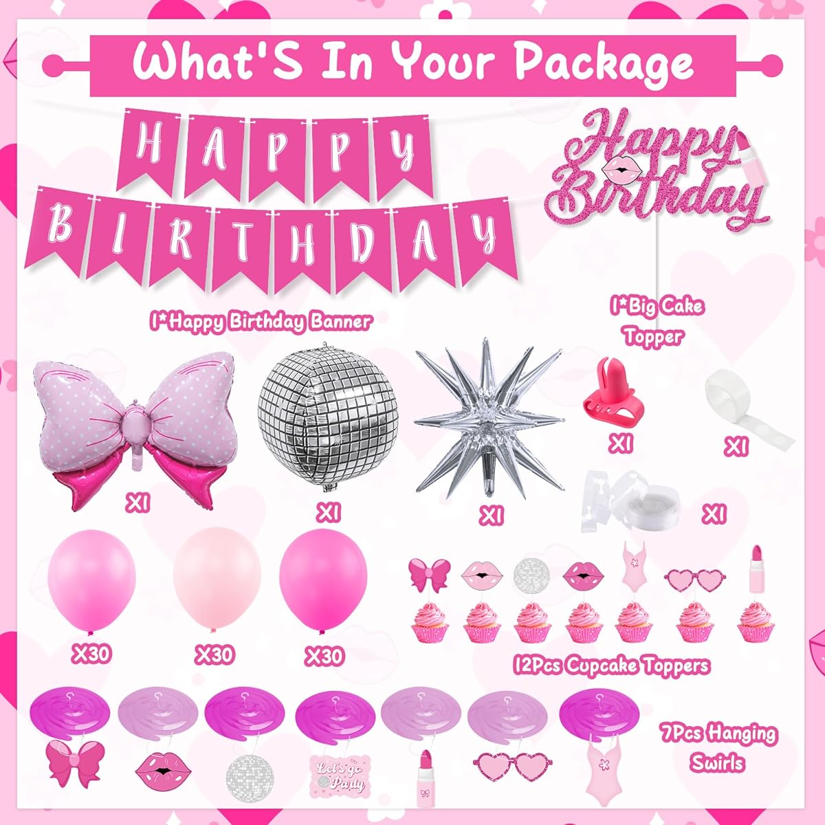 Hot Pink Girls Birthday Party Decorations, Pink Disco Balloon Ribbon, Princess Balloon Arch, Pink Happy Birthday Banner, Hanging Swirl Cake Topper, Princess Birthday, Baby Shower, Bachelorette Party Decorations