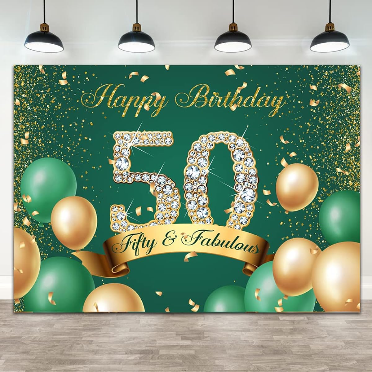 Ticuenicoa 7x5ft Green Happy 50th Birthday Backdrop Glitter Army Green Gold Dots 50th Birthday Party Banner Wall Decor Gold Green Balloons Happy Fifty Birthday Background