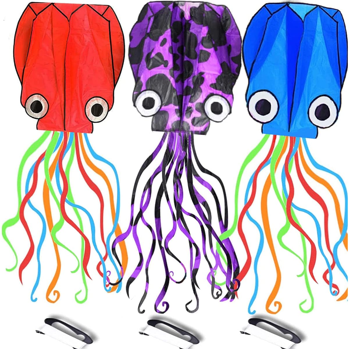 Octopus Kite 3 Pack 3 Colors Kites with Long Tail 3D Beach Kite for Kids Easy to Fly Kite Toys for Beginners Boys Girls Easy Flyer Kite Kit with Kite String 100M Easy to Fly Kite for Adults