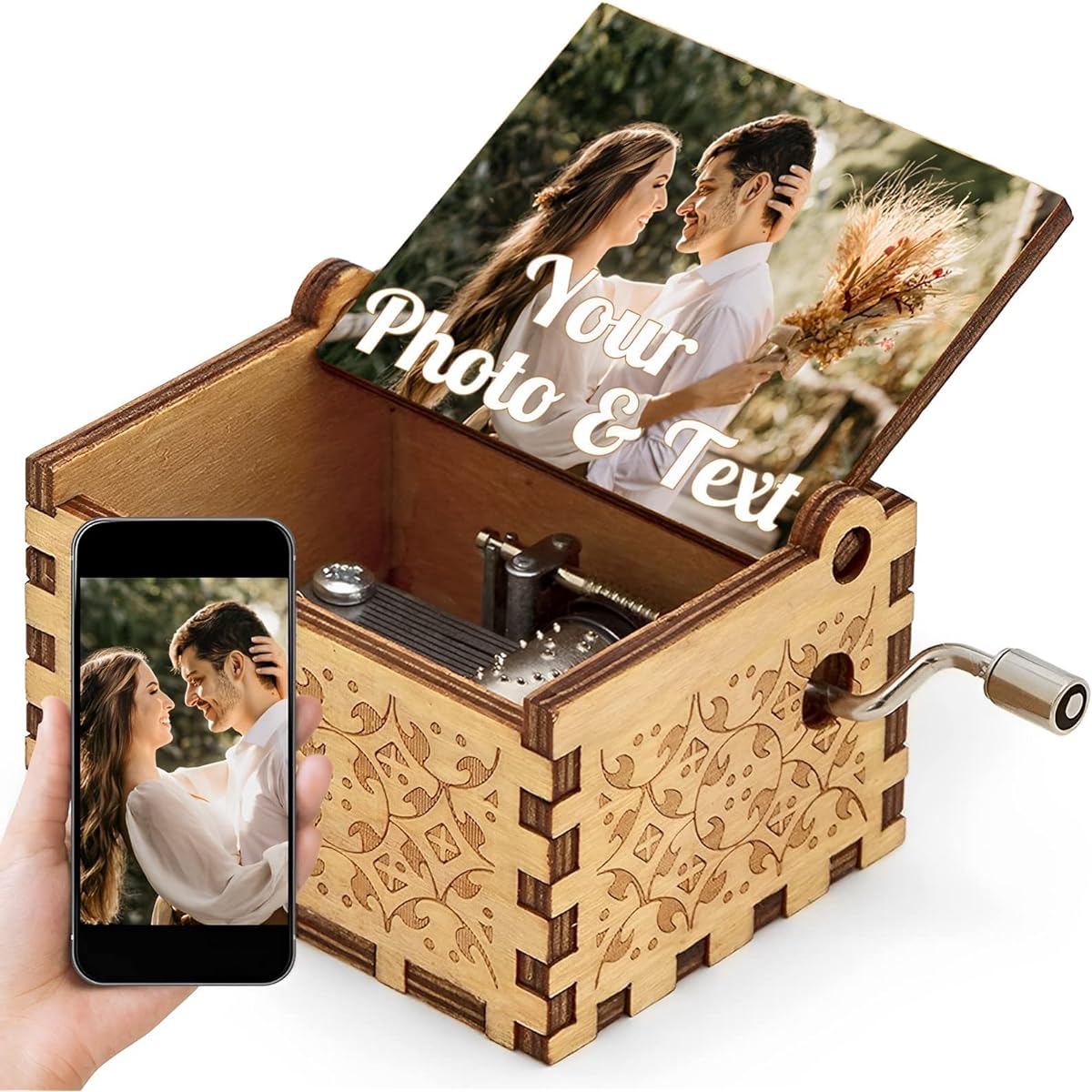 Personalized Music Box Custom Gift with Photo Wooden Hand Crank Music Box Father's Day Mother's Day Valentine's Day Wedding Anniversary Birthday