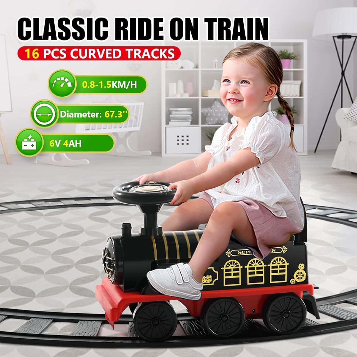 JOYLDIAS 3-in-1 Ride On Train with 16 Piece Curved Track, 6V Train for Kids with Lights, Horn, Storage and Retractable Foot Pedals, Black