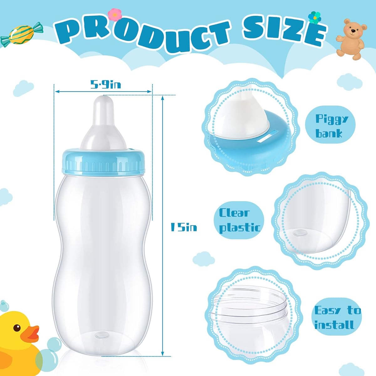Baby Bottle Bank, 2PCS 15" Large Baby Bottles for Shower Games, Plastic Baby Milk Bottle Coin Bank, Jumbo Baby Bottle Money Box, Large Bottle Bank for Girls/Boys/Candy/Party Decorations (Blue)