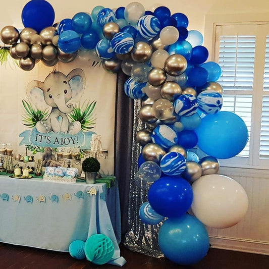 16ft Blue Silver White Balloon Arch & Garland Kit 105 Pieces Silver Confetti and Blue Agate Marble Balloons Royal & Light Blue White Latex Balloons for Birthday Party Decorations Baby Shower Graduation