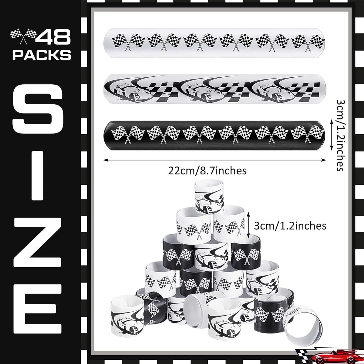 Racing Car Slap Bracelets, 48pcs Racing Check Flag Slap Bracelets, Racing and Speed Themed Kids Party Favors for Kids and Adults Cars Party Birthday Classroom Prize Exchange Gifts Sporting Event Supplies