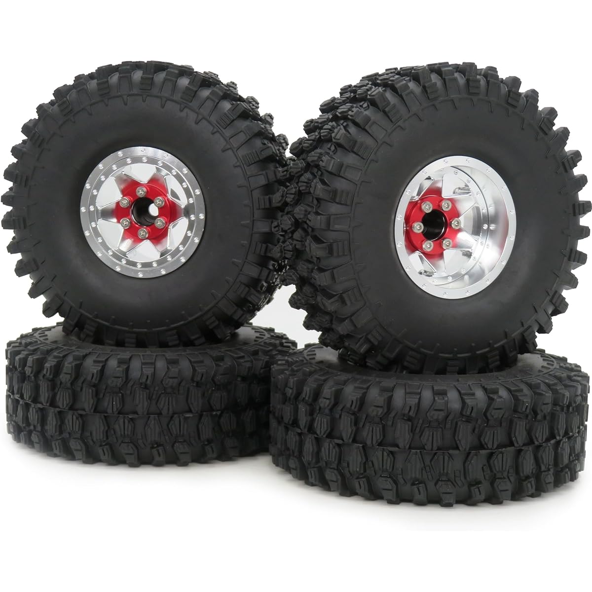HOBBYSOUL RC 1.9 Tires Tyre 4.72" Height & Aluminum 1.9 Beadlock Wheels Adjustable 4 Offset Rims Silver 6 Spokes for 1/10 Mud Crawler SCX10 TRX4 Gen8 (4 Pack)