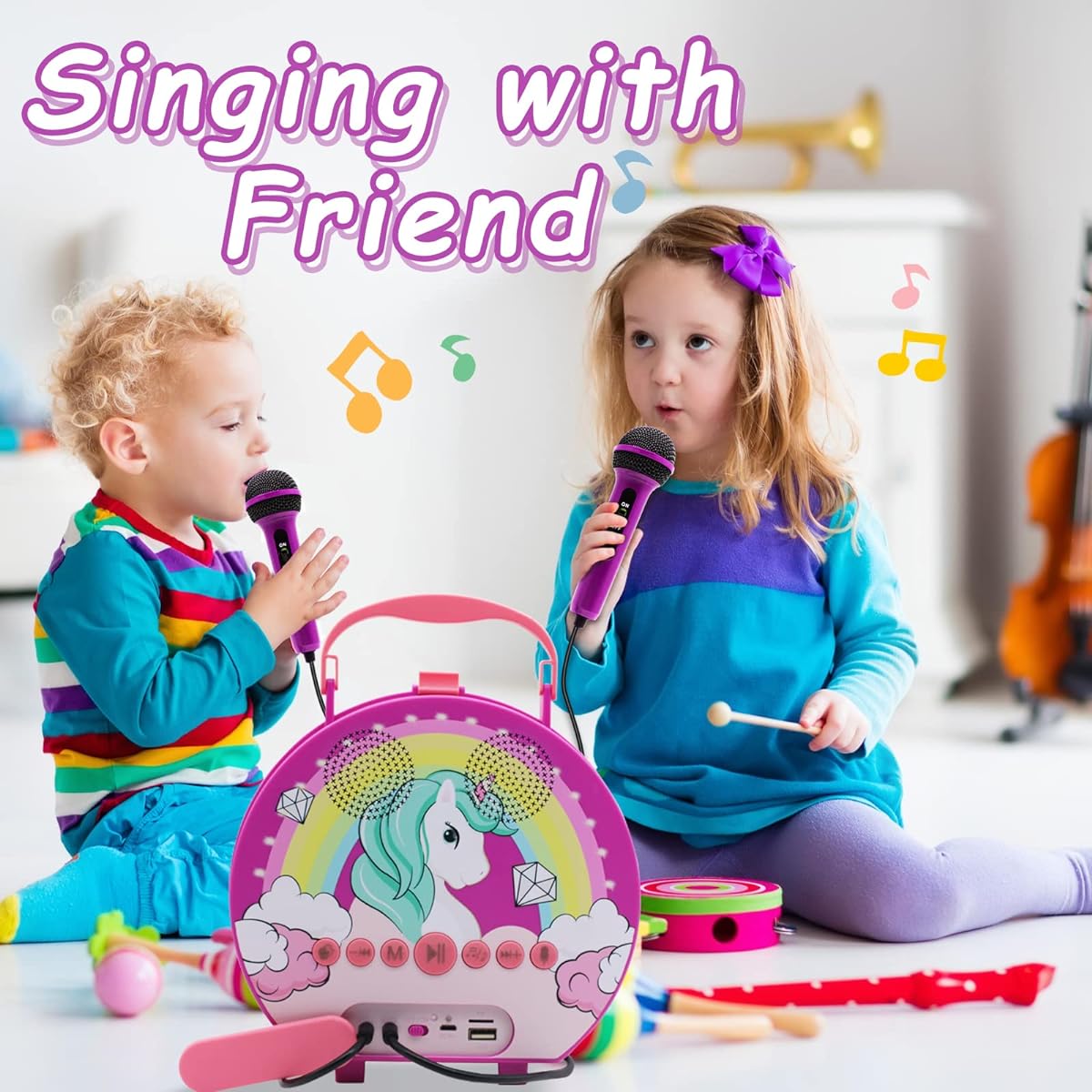 Karaoke, 2 microphones for kids, recording, voice changing, multi-function, convenient portable storage box, Bluetooth speaker