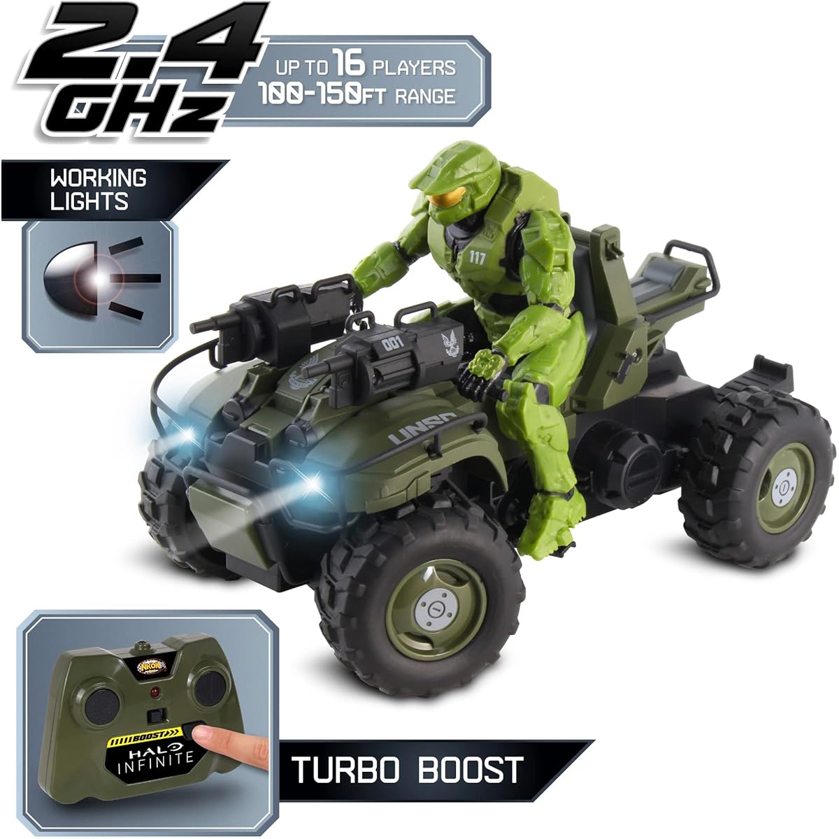 NKOK Halo Infinite: Gungoose & Master Chief 2.4 GHz Radio Control - Turbo Boost, Gungoose Vehicle with Master Chief (762), Working Light, Battery Operated, Officially Licensed, For Ages 6+