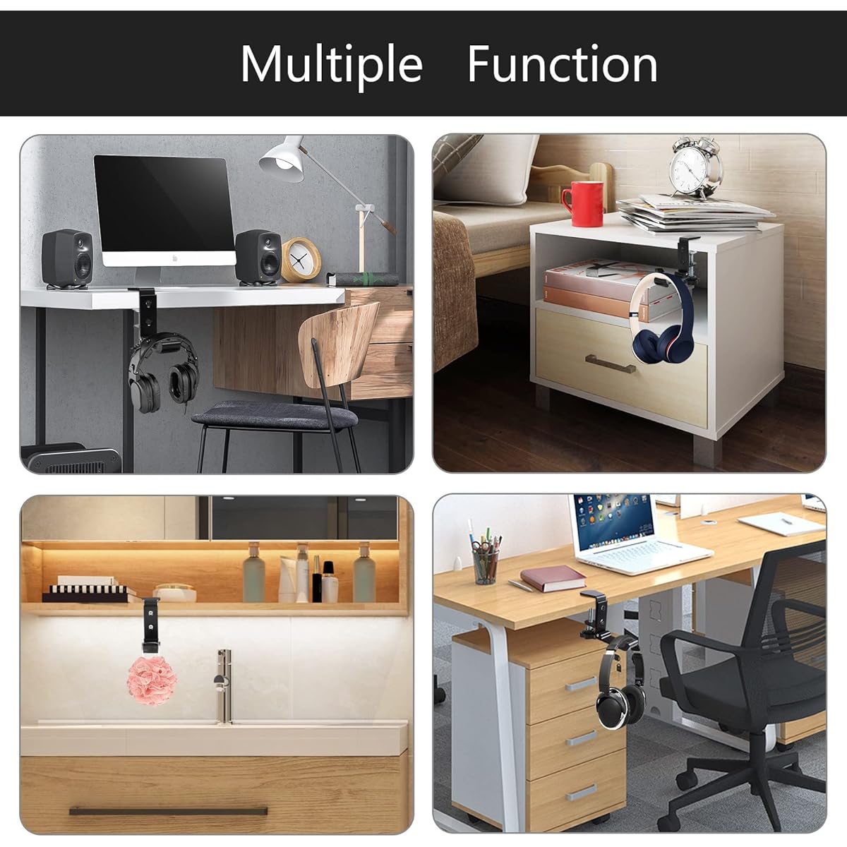 merryhome Headphone Stand Headset Holder Under Desk Hanger Desk Clamp Metal Black Universal Fit Hook Adjustable PC Gaming Holder Headphone Stand Soundbar Mount Design