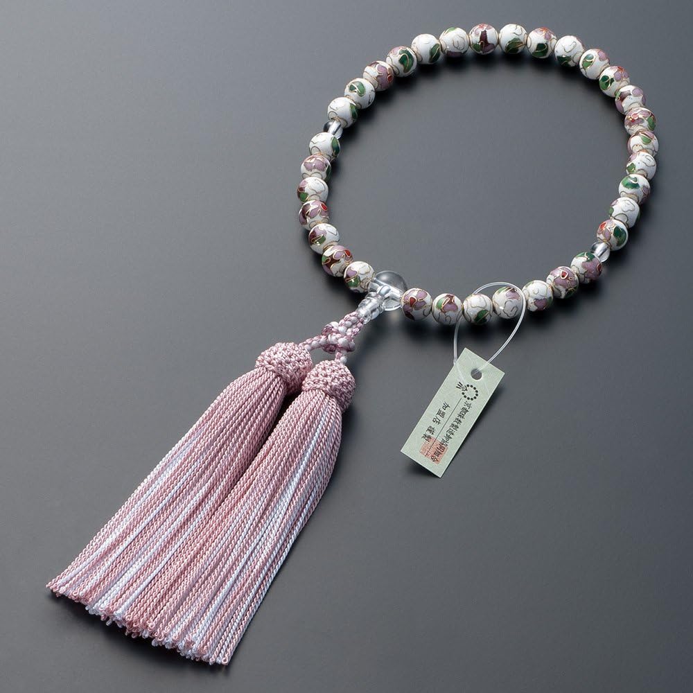 [Buddhist Altar Shop Takita Shoten] Kyoto Prayer Beads for Women Cloisonné (White) Genuine Crystal Made 8mm Beads Pure Silk Head Tassel Comes with Bead Bag Can be Used by All Sects Comes with Certificate