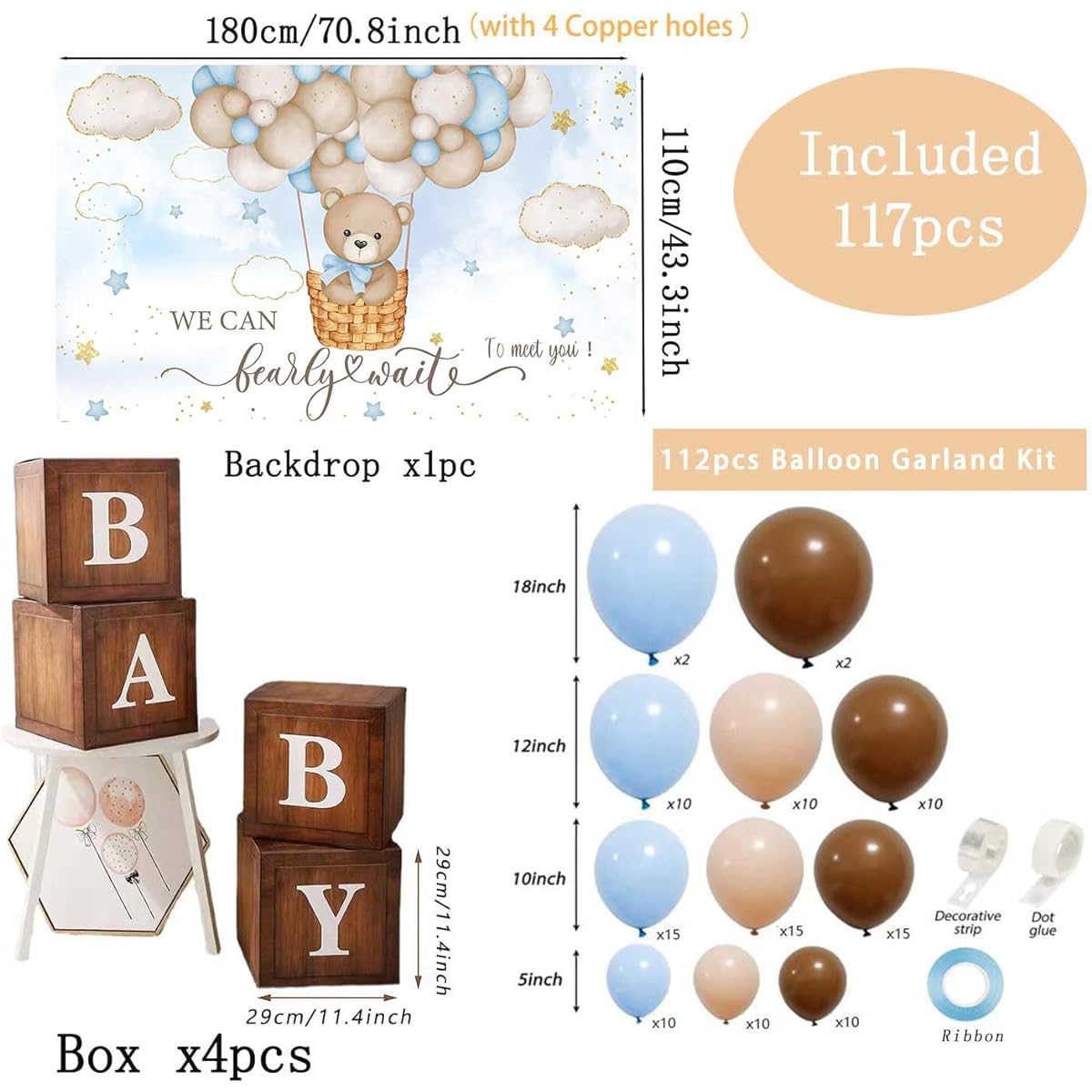 We Can Bearly Wait Baby Shower Decorations 1 Piece Bear Baby Shower Background 4 Pieces Wood Grain Box with Baby Letter 109 Pieces Brown Nude and Blue Balloons Arch Kit Bear Baby Shower Decorations for Boys/Girls